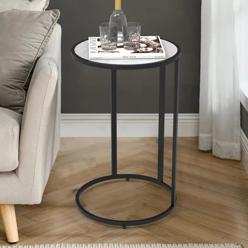 Miniatura 5 de Mesa auxiliar redonda en forma de C, mesa auxiliar deslizante debajo del sofá con parte superior de madera, mesa auxiliar de café para laptop, sala