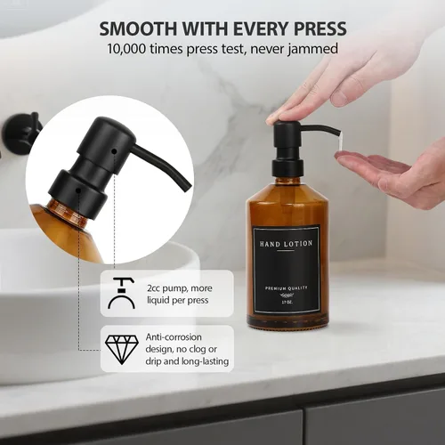 Miniatura 3 de Dispensador de jabón de vidrio ámbar, dispensadores de jabón de manos para baño con bomba de acero inoxidable, juego de dispensador de jabón