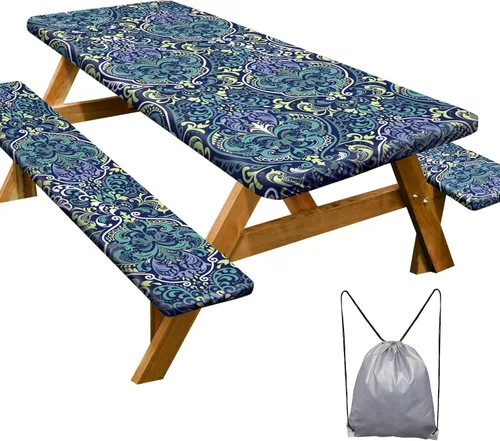 Miniatura 30 de Funda de mesa de picnic con fundas para bancos Esenciales de camping Mantel de picnic impermeable y a prueba de viento con bolsa de cordón, funda