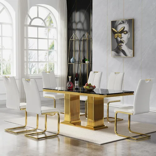 Miniatura 44 de 5 Piece Black Marble Dining Table Set for 4, Modern Faux Marble Kitchen Dining Room Tables with 4 Leather Chairs Set, 68.11" Luxury Rectangular