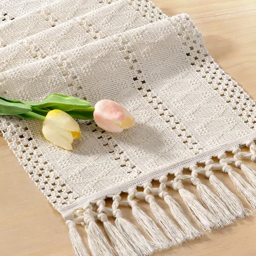 Miniatura 9 de Socomi Camino de mesa bohemio de verano rústico para comedor, cocina, centro de mesa, decoración pequeña de macramé de algodón y lino, camino