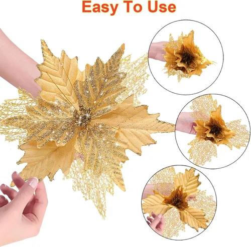 Miniatura 3 de Flores de Pascua de Navidad con purpurina de 10'' de stadeco, 10 unidades, adornos de árbol de Navidad con flores artificiales con tallos largos