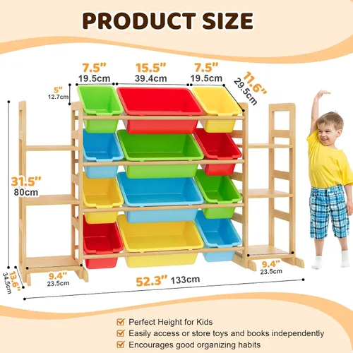 Miniatura 2 de Organizador grande de almacenamiento de juguetes para niños, organizador de juguetes y estantería combinada con 12 contenedores y 6 estantes, caja