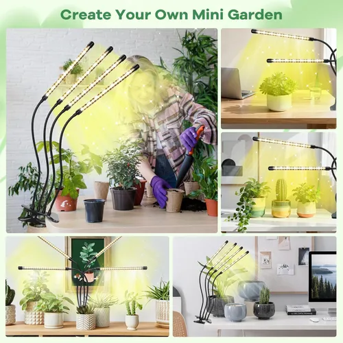 Miniatura 7 de Luces LED de cultivo, luz de planta de espectro completo con 4 cabezas y abrazadera para plantas de interior y arranque de semillas, 10 niveles