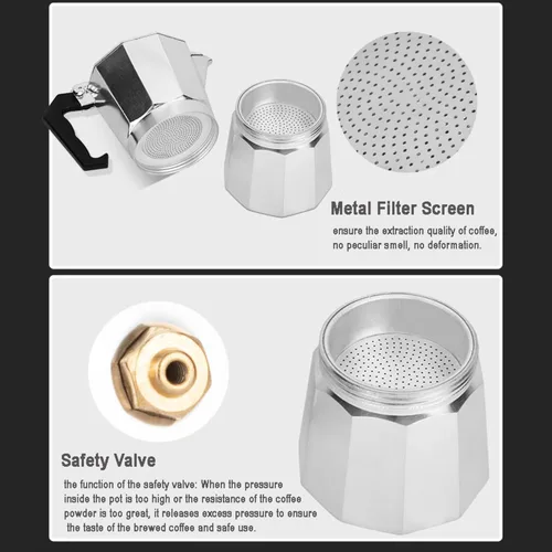 Miniatura 6 de Cafetera de café expreso para estufa, olla moka de 9 tazas Cafetera de aluminio con filtro de acero inoxidable Cafetera de espresso clásica