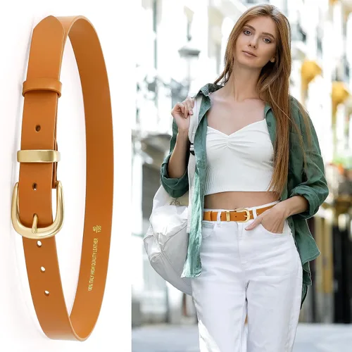 Miniatura 22 de Cinturones para mujer para jeans de 1.1 pulgadas de ancho, cinturones para vestidos de cuero de grano completo con hebilla dorada, caja de regalo