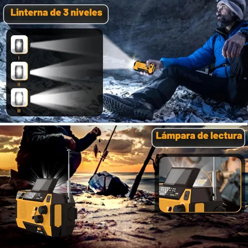Miniatura 6 de Radio de emergencia con manivela meteorológica: Radio meteorológica AM/FM/NOAA con 3 cables incorporados - Radio manual con manivela de 2000mAh