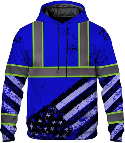 Miniatura 24 de Sudadera con Capucha de Alta Visibilidad con Bandera de EE.UU. de Color Personalizado para Hombres y Mujeres con Cintas Reflectantes, Ropa