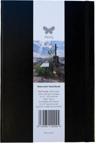 Pleinly Cuaderno de bocetos de acuarela 100% algodón, 8 x 12 pulgadas, prensado en caliente, 300 GSM, 52 páginas, se abre completamente plano, papel