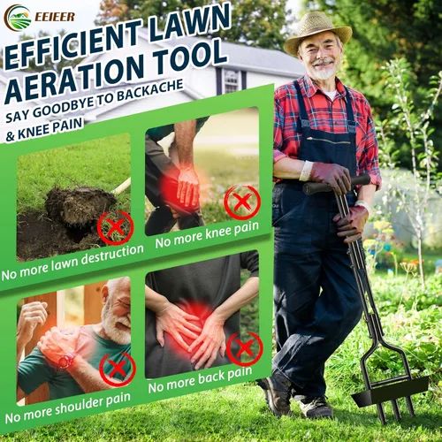 Miniatura 5 de EEIEER Aireador manual de césped con cesta de almacenamiento de tierra, herramienta aireadora mejorada 2025, aireadores de 3 dientes para patio