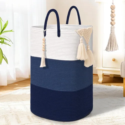 Miniatura 12 de Cesta Tejida de 65L para Ropa, Grandes Cestas de Lavandería Rectangulares con Cuentas y Borlas, Cesta de Almacenamiento para Guardería para Marrón