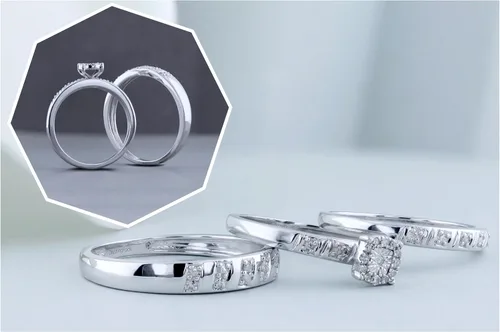Miniatura 3 de Dazzlingrock Collection Round White Diamond Halo Illusion Wedding Trio Ring Set For Men & Women (0.10 ctw, Color I-J, Clarity I2-I3) in 925 Sterling