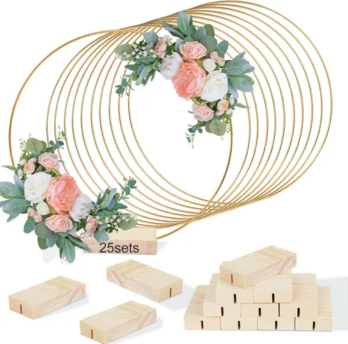 25 Piezas Aro Floral de Metal de 12 Pulgadas con Soporte para Mesa, Anillo de Corona Dorada de Macramé de Metal con 25 Piezas de Soportes con Base