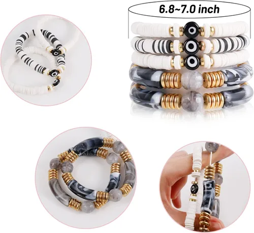 Miniatura 2 de Joya Love Brazalete de cuentas de verano con cara sonriente, ojo malvado, de bambú, acrílico, arcilla Heishi, pulseras de cuentas para mujer