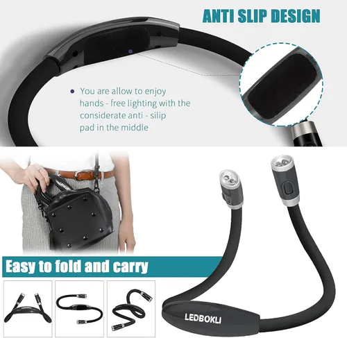 Miniatura 4 de LEDBOLIK - Luz de lectura para el cuello negra, 660 mAh recargable para leer en la cama, 6 brillo, brazos flexibles, manos libres para tejer, 660mAh
