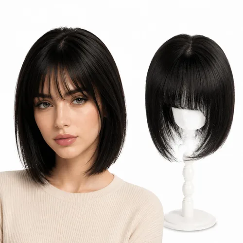 Peluca de cabello humano para mujer con flequillo, peluca con clip para cabello fino + base de cuero cabelludo de poliuretano de alta densidad,