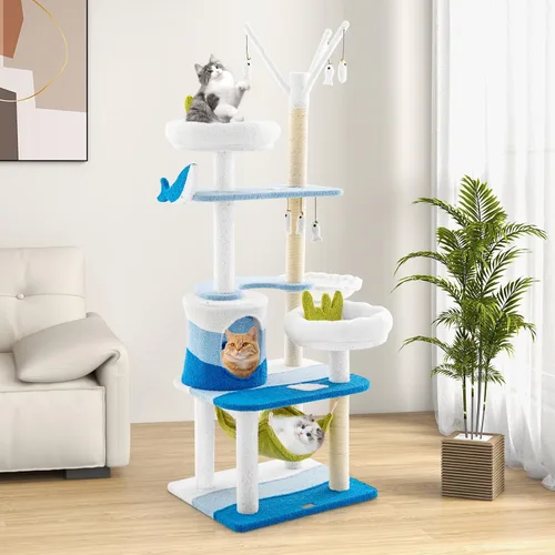 Miniatura 9 de PETSITE Árbol para gatos con temática oceánica para gatos de interior, torre para gatos de varios niveles con postes rascadores de sisal natural