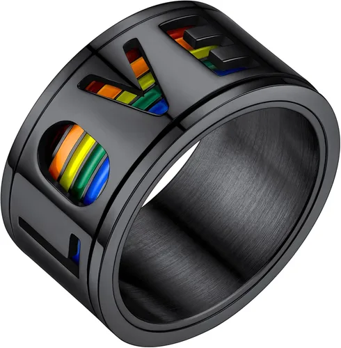 Miniatura 24 de FaithHeart Anillos para ansiedad LGBT Pride Rainbow, acero inoxidable/chapado en oro de 18 quilates, joyería de amor es amor para hombres y mujeres