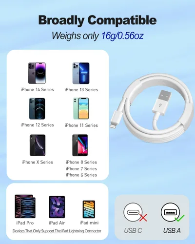 Miniatura 6 de [Certificado MFi de Apple] Cable USB A a Lightning corto de 3.3 pies, cable USB Carplay para automóvil, cable de carga Lightning compatible