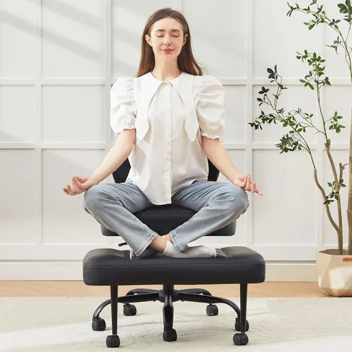 Silla de oficina con patas cruzadas con ruedas, silla giratoria de meditación para TDAH, silla de escritorio ergonómica con patas cruzadas con Negro
