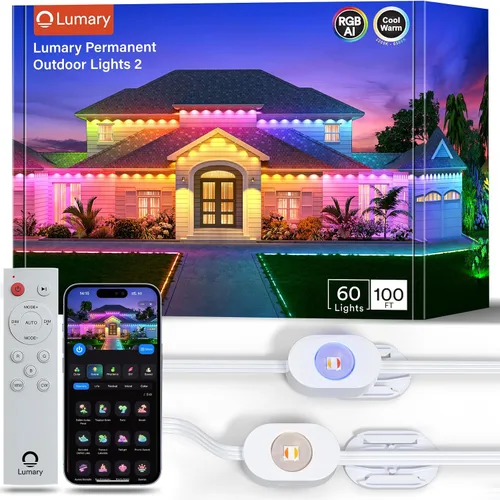 Lumary Luces Permanentes para Exteriores 2 con Control Remoto, Base Deslizante, 100 pies con 60 LEDs RGBAICW para Iluminación Diaria y de Acento de