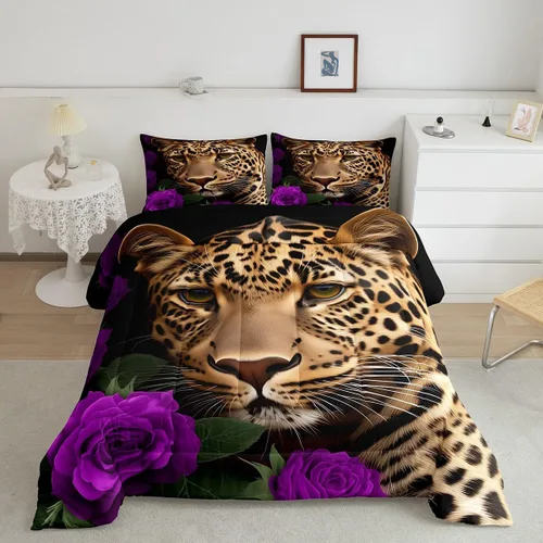 Miniatura 10 de Erosebridal Juego de ropa de cama de guepardo con rosa azul, juego de edredón con estampado de leopardo y gato, edredón romántico de plumón