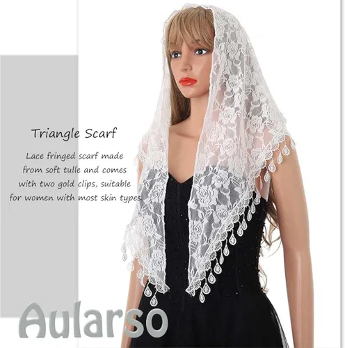 Miniatura 3 de Aularso Lace Church Veils Wedding Floral Scarf Tassel Shawl Mantilla Veils Soft Tulle Embroidered Bridal Mass Veil for Women