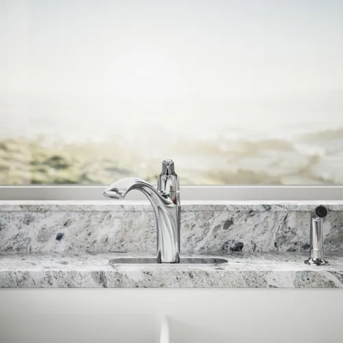 Miniatura 5 de KOHLER 30470-CP Rival - Grifo para fregadero de cocina con rociador lateral, mango único de arco alto, memoria de temperatura, resistente a