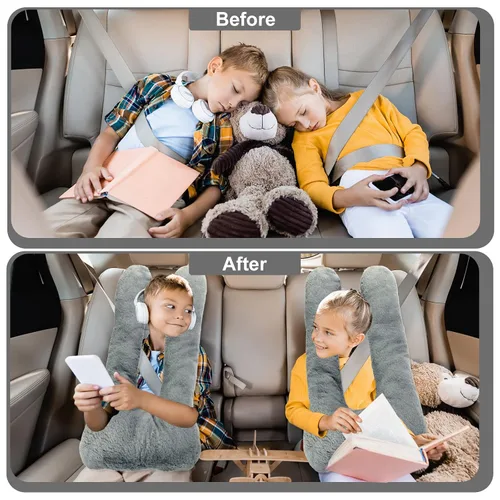 Miniatura 4 de Hoteam 2 almohadas de viaje para automóvil para dormir en forma de U para el asiento trasero, adultos y niños, soporte para cabeza y cuerpo, Gris