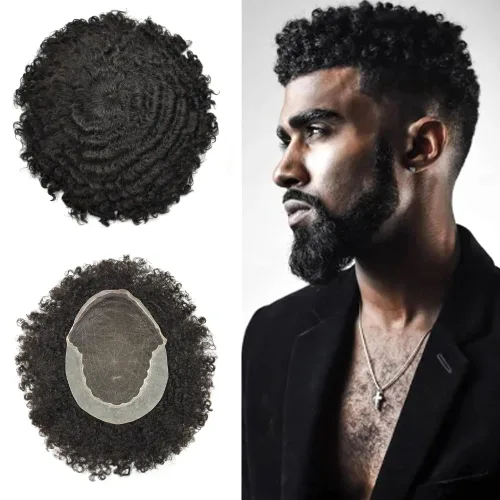 Afro Toupee para hombres negros, encaje frontal brasileño humano brasileño para hombre, sistema de reemplazo de tupé, cabello rizado afro, unidades