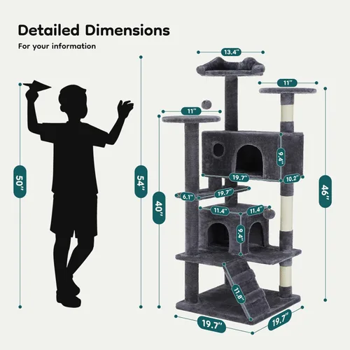 Miniatura 7 de DUMOS Torre de árbol para gatos de interior de 54 pulgadas, casa de mascotas de varios niveles para gatos grandes con 2 condominios, postes Azul