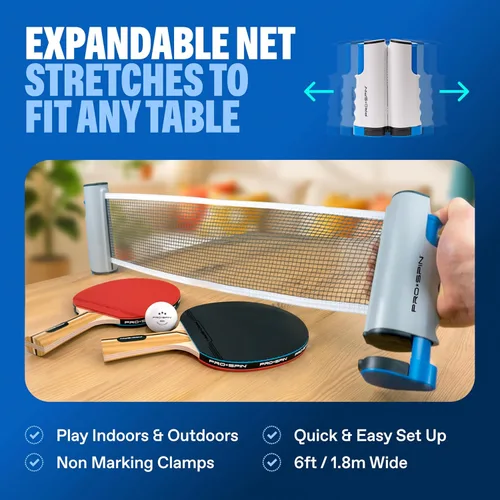 Miniatura 5 de PRO-SPIN Juego de ping pong portátil con red retráctil para cualquier mesa, juego de tenis de mesa todo en uno con paletas de ping pong, pelotas