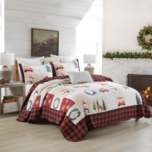 Miniatura 2 de Juego de edredón navideño de 3 piezas con estampado de reno rústico de Navidad, juego de ropa de cama (individual)
