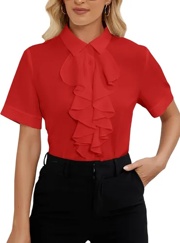 Miniatura 9 de Vrtige Women's Ruffle Front Collar Neck Button Down Short Sleeve Blouse Shirt Top
