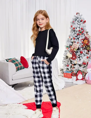 Miniatura 3 de Arshiner Conjunto de 2 piezas para niñas, camiseta corta de manga larga y pantalones de descanso con bolsillos