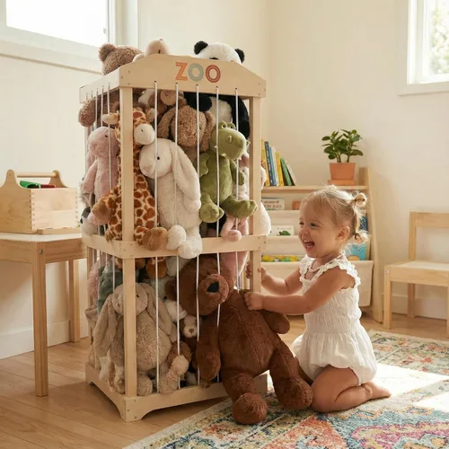 Miniatura 9 de Almacenamiento de animales de peluche de madera para niños – Gran organizador y soporte de almacenamiento de juguetes para la sala