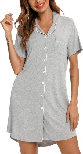 Miniatura 75 de Samring Camisón de pijama para mujer, manga corta/larga, con botones, camisón para dormir, camisón para novio, talla XXL