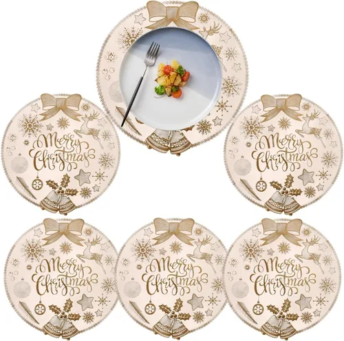 Juego de 6 manteles individuales redondos de vinilo prensado metálicos, resistentes al calor, para fiestas, Navidad, decoración de mesa, color dorado
