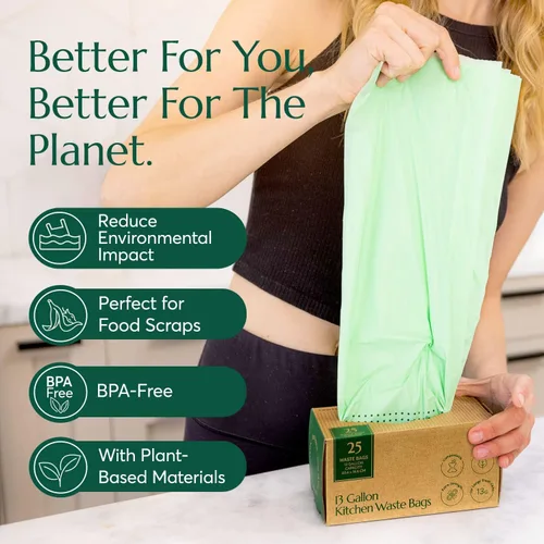 Miniatura 3 de Bolsas de basura compostables* Cleanomic con cordón (13 galones, 25 unidades, altas), certificadas BPI para compost de cocina