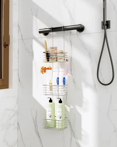 Miniatura 5 de Organizador de baño colgante pequeño de 3 niveles, organizador colgante, soporte para champú de acero inoxidable, organizador de ducha sobre
