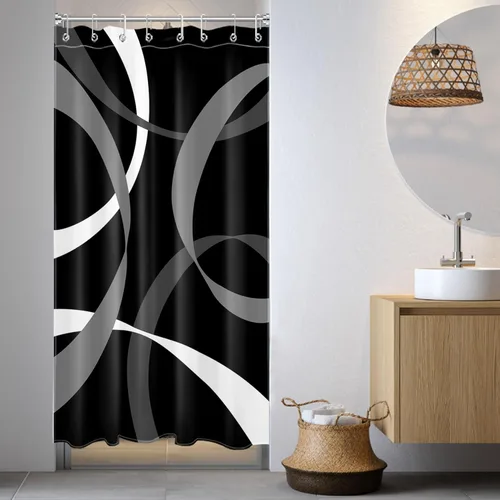 Miniatura 14 de LB Cortina de ducha abstracta rosa para baño, cortina de ducha de tela a rayas grises y blancas sobre fondo negro con ganchos, juego de cortinas