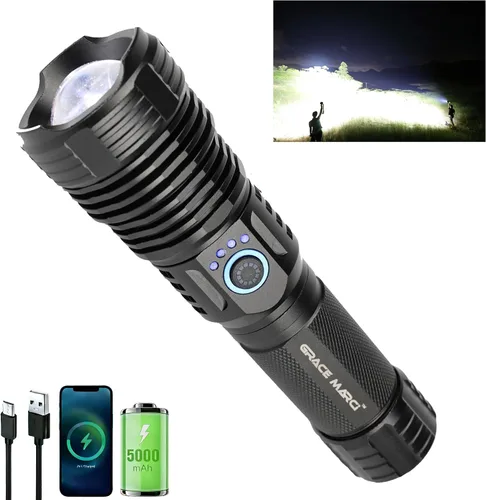 Miniatura 7 de Linternas recargables, 250000 lúmenes de alto lumen linterna LED súper brillante con 3 modos, IP65 impermeable, linterna potente de mano para caza