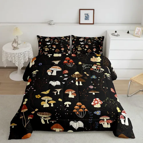 Juego de edredón de champiñones tamaño individual, ropa de cama de hongos de dibujos animados, mariposa kawaii, plantas botánicas, juegos de edredón