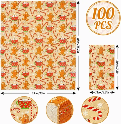 Miniatura 2 de AnyDesign Paquete de 100 servilletas de Navidad para invitados, pan de jengibre, hombre, bastón de caramelo, copo de nieve, servilletas de papel