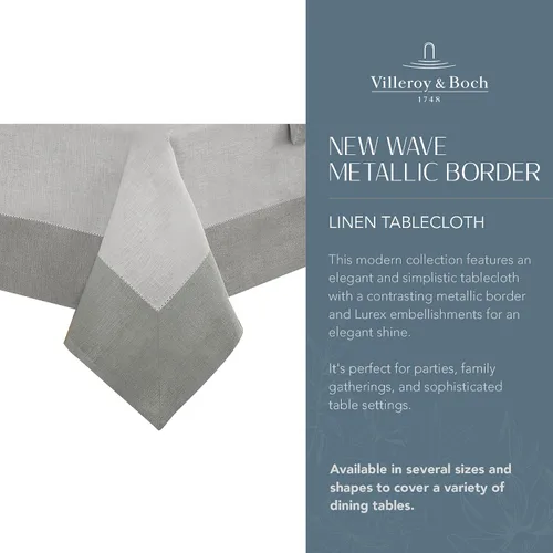Miniatura 2 de Elrene Home Fashions Villeroy and Boch New Wave - Mantel de tela de lino con borde metálico, redondo, 90 pulgadas, blanco/plateado