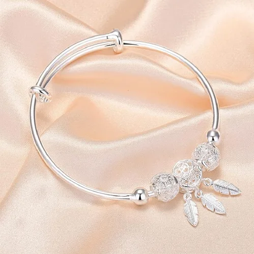 Miniatura 6 de Harlorki Pulsera ajustable para mujer con colgante de hoja de bola de la suerte 925 chapada en plata