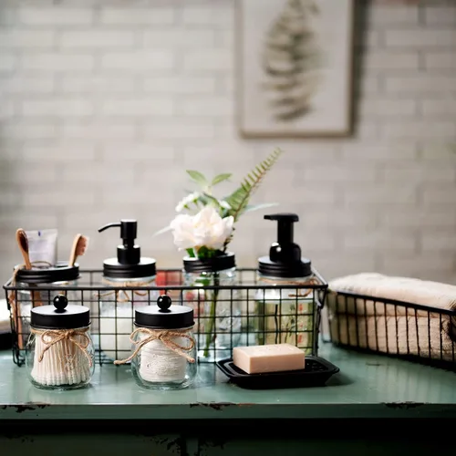 Miniatura 7 de SheeChung Juego de 6 accesorios de baño Mason Jar - Dispensador de jabón espumoso, soporte para cepillos de dientes, 2 soportes Qtip, juego de Negro