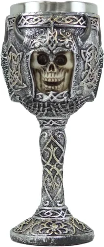 Ebros - Calavera vikinga berserker con casco con cuernos de bisonte, copa de vino de 7 onzas con patrones de nudos celtas, taza de cáliz vintage con