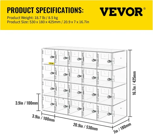 Miniatura 2 de VEVOR Clóset de Almacenamiento para Teléfono Celular, 20 Ranuras de Material Acrílico con Cerraduras de Puerta y Llaves, Clóset de Pared