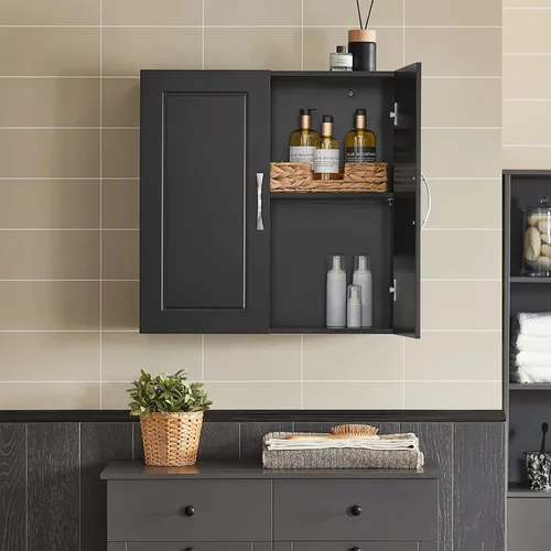 Haotian Armario de pared negro, lavadero, gabinete de almacenamiento flotante con estante ajustable, botiquín para baño, cocina, garaje, pasillo,